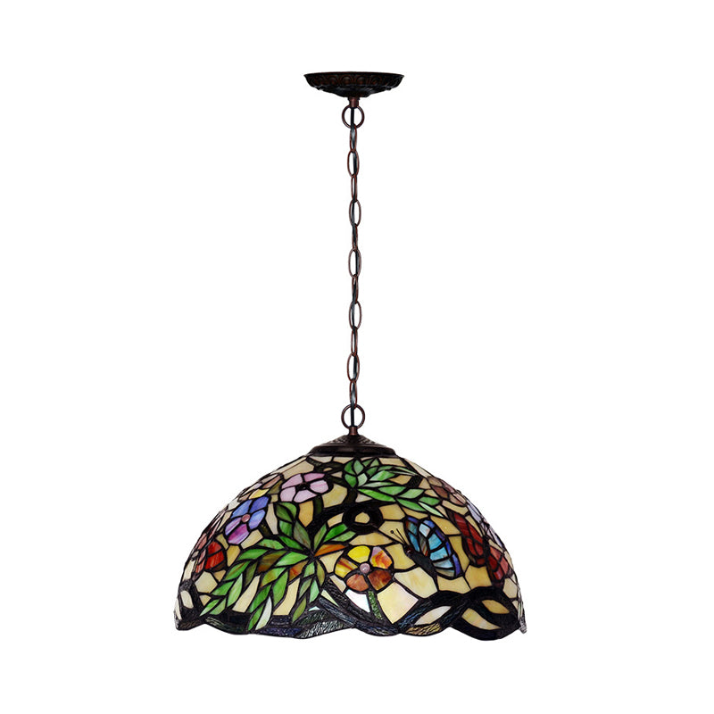 2 Lights Hanging Chandelier Mediterranean Dragonfly Red/Green/Purple Cut Glass Pendant Light Kit Clearhalo 'Ceiling Lights' 'Chandeliers' 'Industrial' 'Middle Century Chandeliers' 'Tiffany Chandeliers' 'Tiffany close to ceiling' 'Tiffany' Lighting' 327282