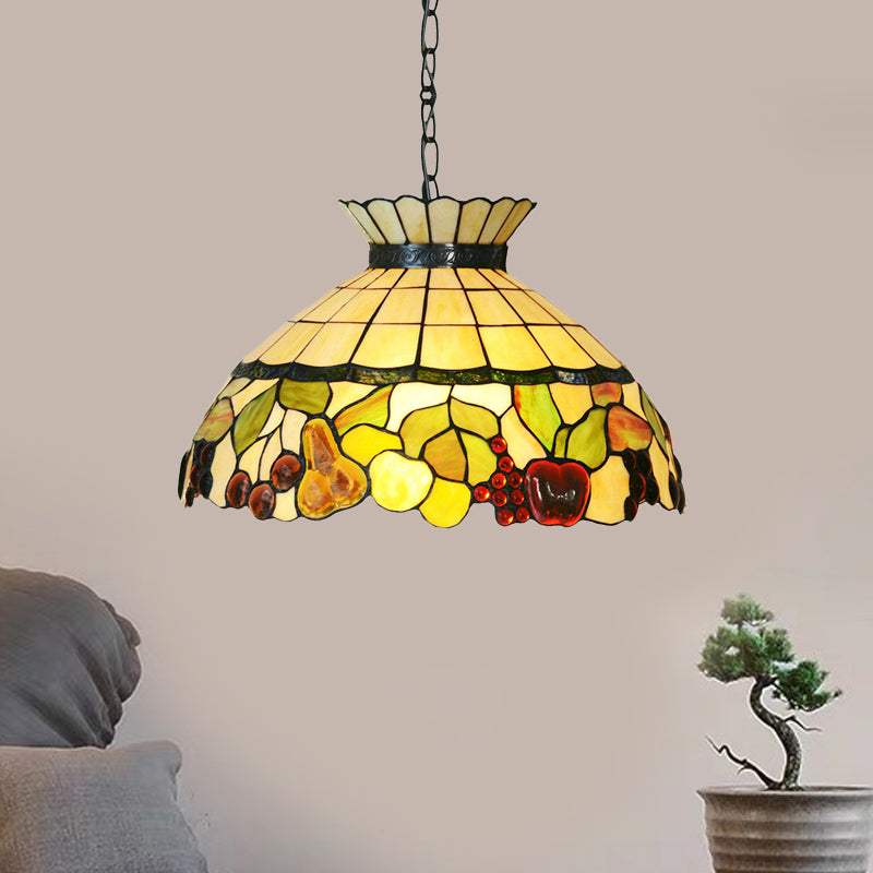Black 3 Lights Chandelier Baroque Yellow Stained Glass Domed Shade Pendant Lighting Clearhalo 'Ceiling Lights' 'Chandeliers' 'Industrial' 'Middle Century Chandeliers' 'Pendant Lights' 'Tiffany Chandeliers' 'Tiffany close to ceiling' 'Tiffany' Lighting' 327294