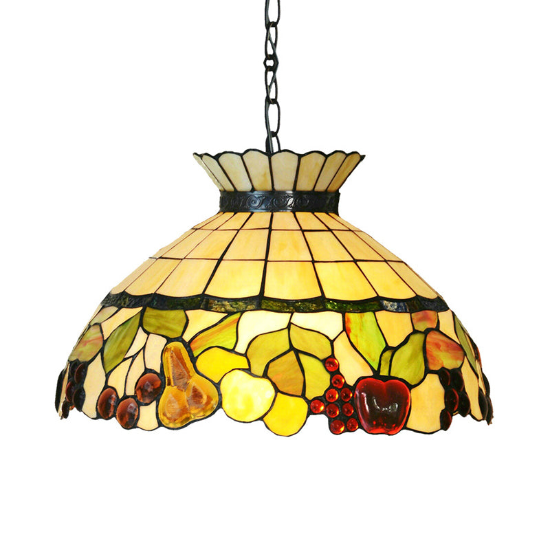 Black 3 Lights Chandelier Baroque Yellow Stained Glass Domed Shade Pendant Lighting Clearhalo 'Ceiling Lights' 'Chandeliers' 'Industrial' 'Middle Century Chandeliers' 'Pendant Lights' 'Tiffany Chandeliers' 'Tiffany close to ceiling' 'Tiffany' Lighting' 327295