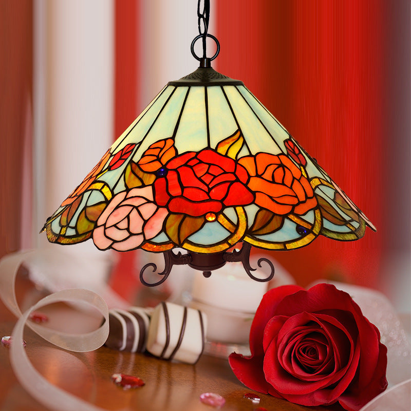 Floral Chandelier Lighting Tiffany-Style Red Stained Glass 3 Lights Bronze Hanging Ceiling Light Clearhalo 'Ceiling Lights' 'Chandeliers' 'Industrial' 'Middle Century Chandeliers' 'Tiffany Chandeliers' 'Tiffany close to ceiling' 'Tiffany' Lighting' 327355