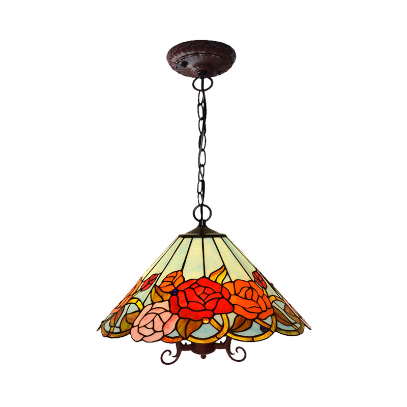 Floral Chandelier Lighting Tiffany-Style Red Stained Glass 3 Lights Bronze Hanging Ceiling Light Clearhalo 'Ceiling Lights' 'Chandeliers' 'Industrial' 'Middle Century Chandeliers' 'Tiffany Chandeliers' 'Tiffany close to ceiling' 'Tiffany' Lighting' 327356