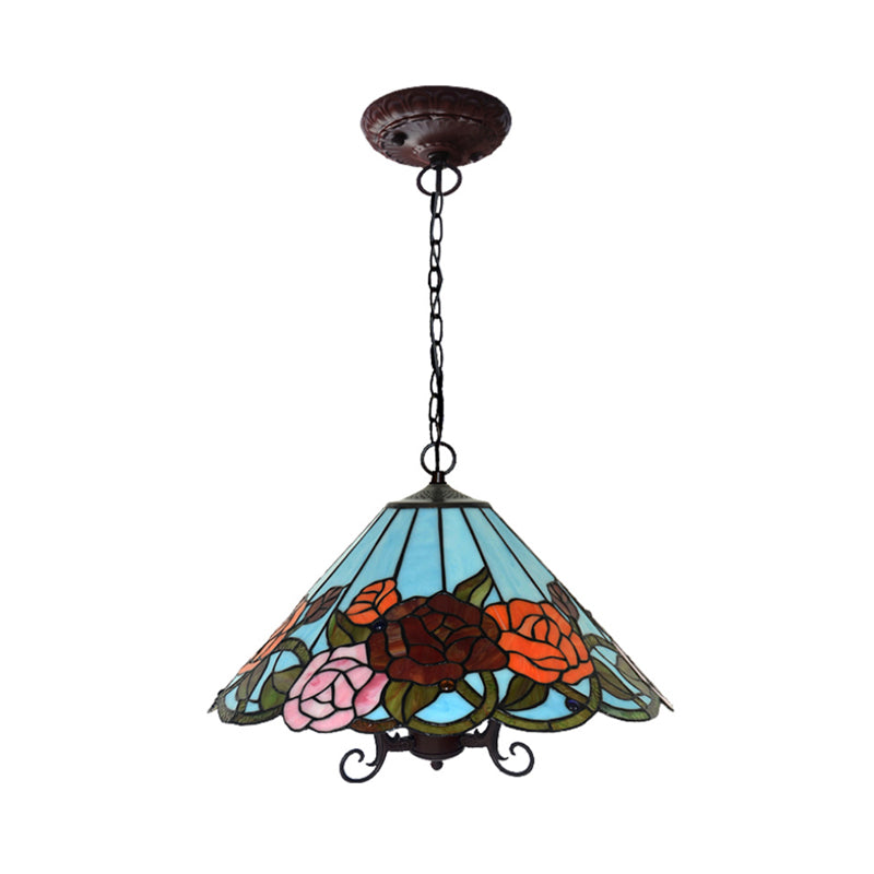Floral Chandelier Lighting Tiffany-Style Red Stained Glass 3 Lights Bronze Hanging Ceiling Light Clearhalo 'Ceiling Lights' 'Chandeliers' 'Industrial' 'Middle Century Chandeliers' 'Tiffany Chandeliers' 'Tiffany close to ceiling' 'Tiffany' Lighting' 327357