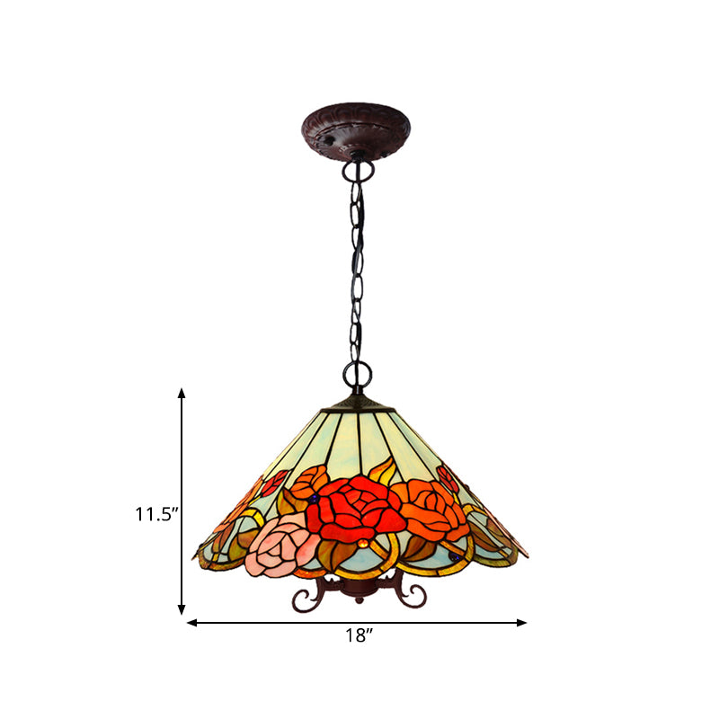 Floral Chandelier Lighting Tiffany-Style Red Stained Glass 3 Lights Bronze Hanging Ceiling Light Clearhalo 'Ceiling Lights' 'Chandeliers' 'Industrial' 'Middle Century Chandeliers' 'Tiffany Chandeliers' 'Tiffany close to ceiling' 'Tiffany' Lighting' 327358