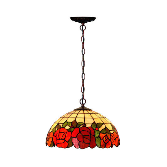 2 Lights Kitchen Chandelier Lighting Fixture Tiffany Bronze Hanging Lamp with Domed Red Cut Glass Shade Clearhalo 'Ceiling Lights' 'Chandeliers' 'Industrial' 'Middle Century Chandeliers' 'Tiffany Chandeliers' 'Tiffany close to ceiling' 'Tiffany' Lighting' 327377