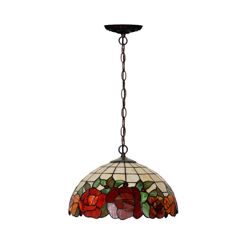 2 Lights Kitchen Chandelier Lighting Fixture Tiffany Bronze Hanging Lamp with Domed Red Cut Glass Shade Clearhalo 'Ceiling Lights' 'Chandeliers' 'Industrial' 'Middle Century Chandeliers' 'Tiffany Chandeliers' 'Tiffany close to ceiling' 'Tiffany' Lighting' 327378