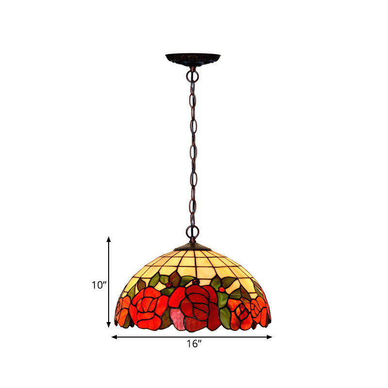 2 Lights Kitchen Chandelier Lighting Fixture Tiffany Bronze Hanging Lamp with Domed Red Cut Glass Shade Clearhalo 'Ceiling Lights' 'Chandeliers' 'Industrial' 'Middle Century Chandeliers' 'Tiffany Chandeliers' 'Tiffany close to ceiling' 'Tiffany' Lighting' 327379