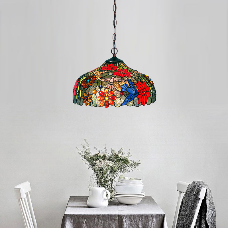 Petal Red/Yellow/Blue Cut Glass Chandelier Light Fixture 3 Lights Bronze Suspension Lighting for Dining Room Red Clearhalo 'Ceiling Lights' 'Chandeliers' 'Industrial' 'Middle Century Chandeliers' 'Tiffany Chandeliers' 'Tiffany close to ceiling' 'Tiffany' Lighting' 327426