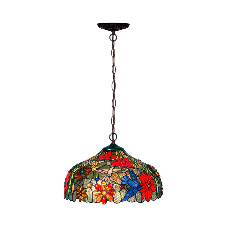 Petal Red/Yellow/Blue Cut Glass Chandelier Light Fixture 3 Lights Bronze Suspension Lighting for Dining Room Clearhalo 'Ceiling Lights' 'Chandeliers' 'Industrial' 'Middle Century Chandeliers' 'Tiffany Chandeliers' 'Tiffany close to ceiling' 'Tiffany' Lighting' 327428