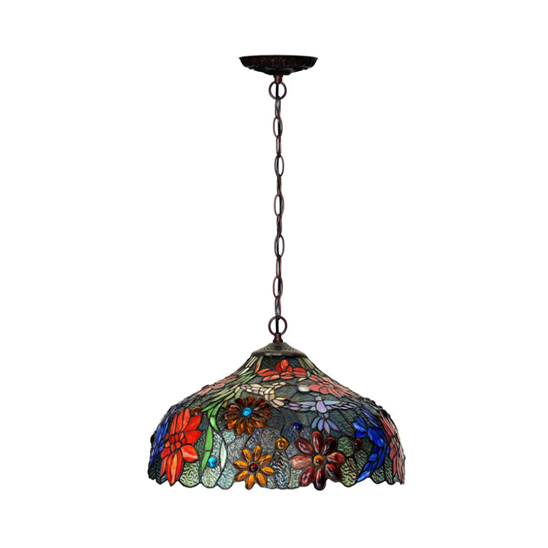 Petal Red/Yellow/Blue Cut Glass Chandelier Light Fixture 3 Lights Bronze Suspension Lighting for Dining Room Clearhalo 'Ceiling Lights' 'Chandeliers' 'Industrial' 'Middle Century Chandeliers' 'Tiffany Chandeliers' 'Tiffany close to ceiling' 'Tiffany' Lighting' 327429