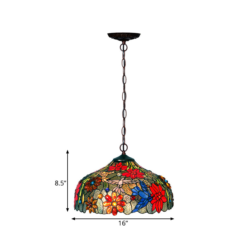 Petal Red/Yellow/Blue Cut Glass Chandelier Light Fixture 3 Lights Bronze Suspension Lighting for Dining Room Clearhalo 'Ceiling Lights' 'Chandeliers' 'Industrial' 'Middle Century Chandeliers' 'Tiffany Chandeliers' 'Tiffany close to ceiling' 'Tiffany' Lighting' 327430