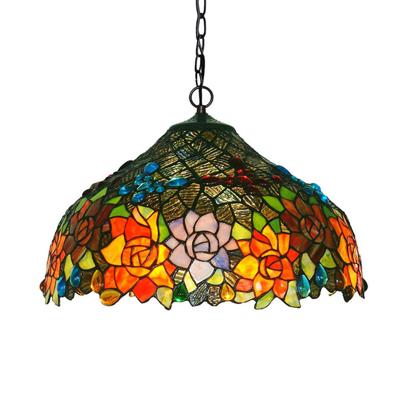 Petal Red/Yellow/Blue Cut Glass Chandelier Light Fixture 3 Lights Bronze Suspension Lighting for Dining Room Orange Clearhalo 'Ceiling Lights' 'Chandeliers' 'Industrial' 'Middle Century Chandeliers' 'Tiffany Chandeliers' 'Tiffany close to ceiling' 'Tiffany' Lighting' 327431