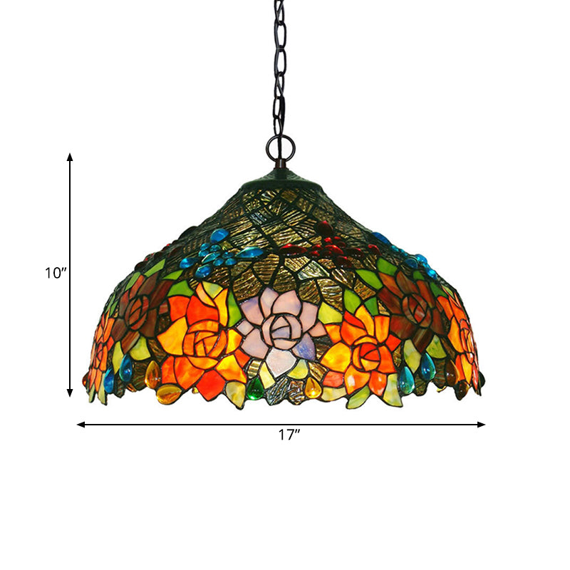Petal Red/Yellow/Blue Cut Glass Chandelier Light Fixture 3 Lights Bronze Suspension Lighting for Dining Room Clearhalo 'Ceiling Lights' 'Chandeliers' 'Industrial' 'Middle Century Chandeliers' 'Tiffany Chandeliers' 'Tiffany close to ceiling' 'Tiffany' Lighting' 327432
