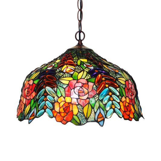 Petal Red/Yellow/Blue Cut Glass Chandelier Light Fixture 3 Lights Bronze Suspension Lighting for Dining Room Blue Clearhalo 'Ceiling Lights' 'Chandeliers' 'Industrial' 'Middle Century Chandeliers' 'Tiffany Chandeliers' 'Tiffany close to ceiling' 'Tiffany' Lighting' 327433