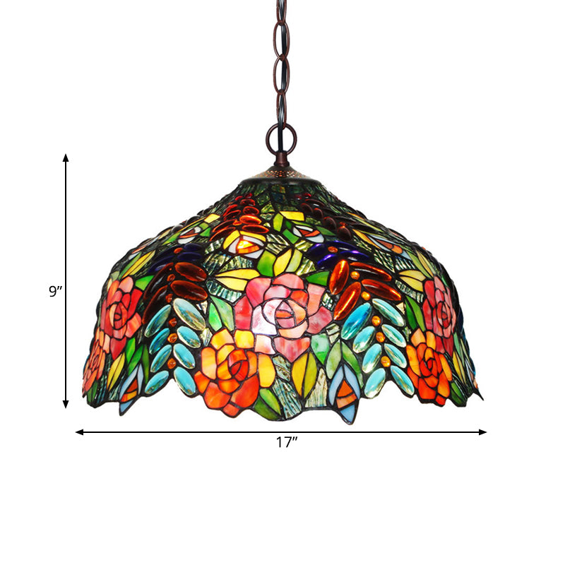 Petal Red/Yellow/Blue Cut Glass Chandelier Light Fixture 3 Lights Bronze Suspension Lighting for Dining Room Clearhalo 'Ceiling Lights' 'Chandeliers' 'Industrial' 'Middle Century Chandeliers' 'Tiffany Chandeliers' 'Tiffany close to ceiling' 'Tiffany' Lighting' 327434