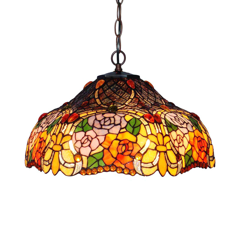 Petal Red/Yellow/Blue Cut Glass Chandelier Light Fixture 3 Lights Bronze Suspension Lighting for Dining Room Yellow Clearhalo 'Ceiling Lights' 'Chandeliers' 'Industrial' 'Middle Century Chandeliers' 'Tiffany Chandeliers' 'Tiffany close to ceiling' 'Tiffany' Lighting' 327435