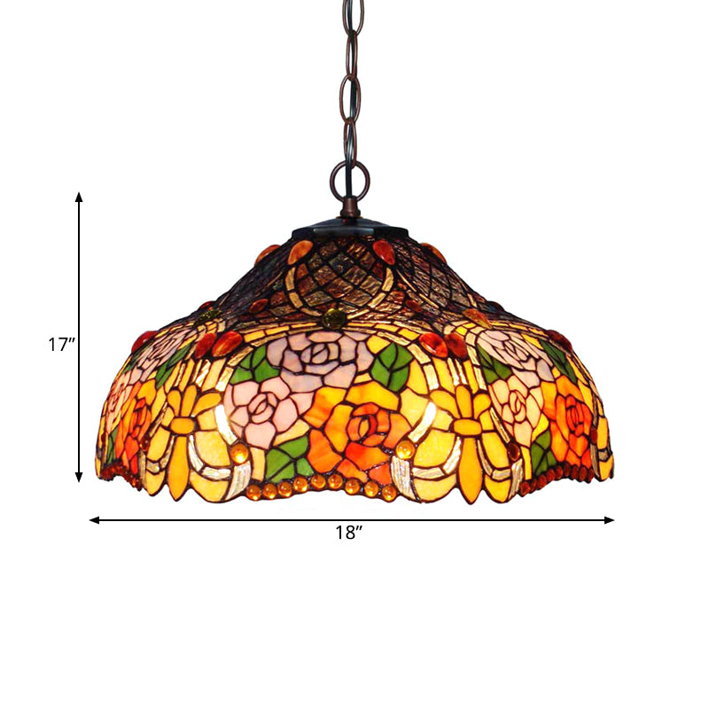 Petal Red/Yellow/Blue Cut Glass Chandelier Light Fixture 3 Lights Bronze Suspension Lighting for Dining Room Clearhalo 'Ceiling Lights' 'Chandeliers' 'Industrial' 'Middle Century Chandeliers' 'Tiffany Chandeliers' 'Tiffany close to ceiling' 'Tiffany' Lighting' 327436