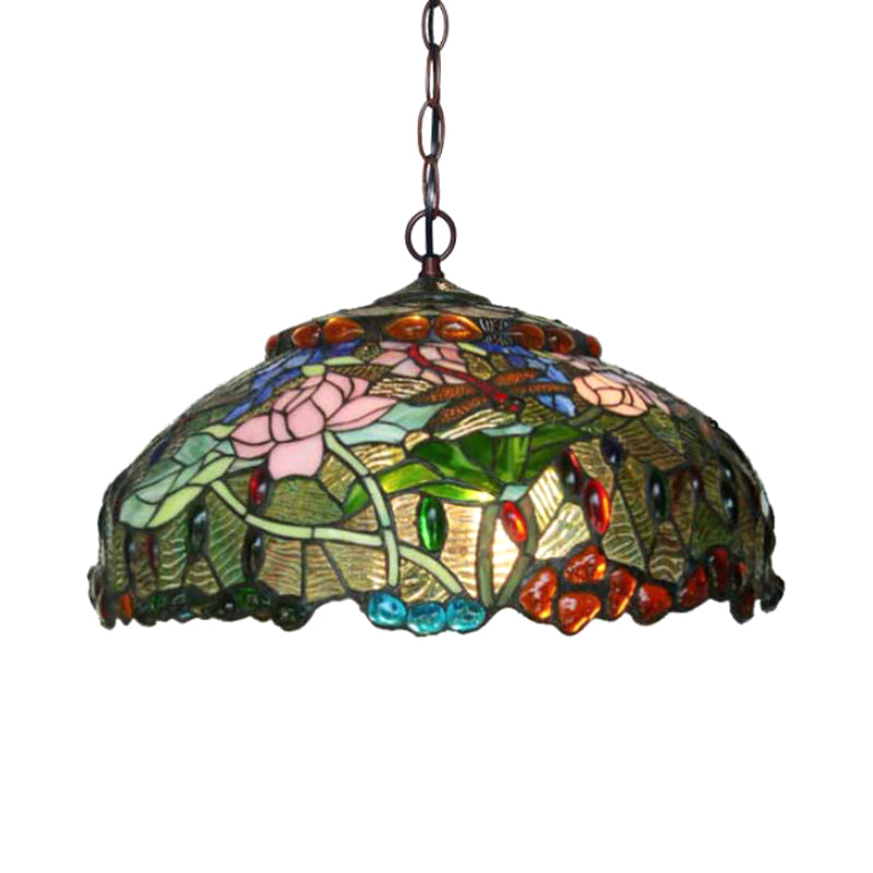 Blossom Hanging Chandelier 3 Lights Pink/Green Victorian Ceiling Pendant Light for Dining Room Green Clearhalo 'Ceiling Lights' 'Chandeliers' 'Industrial' 'Middle Century Chandeliers' 'Tiffany Chandeliers' 'Tiffany close to ceiling' 'Tiffany' Lighting' 327456