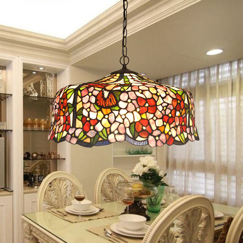 2/3 Lights Floral Ceiling Chandelier Tiffany-Style Red Stained Glass Hanging Light Kit, 16“/19.5“ Wide Clearhalo 'Ceiling Lights' 'Chandeliers' 'Industrial' 'Middle Century Chandeliers' 'Tiffany Chandeliers' 'Tiffany close to ceiling' 'Tiffany' Lighting' 327459