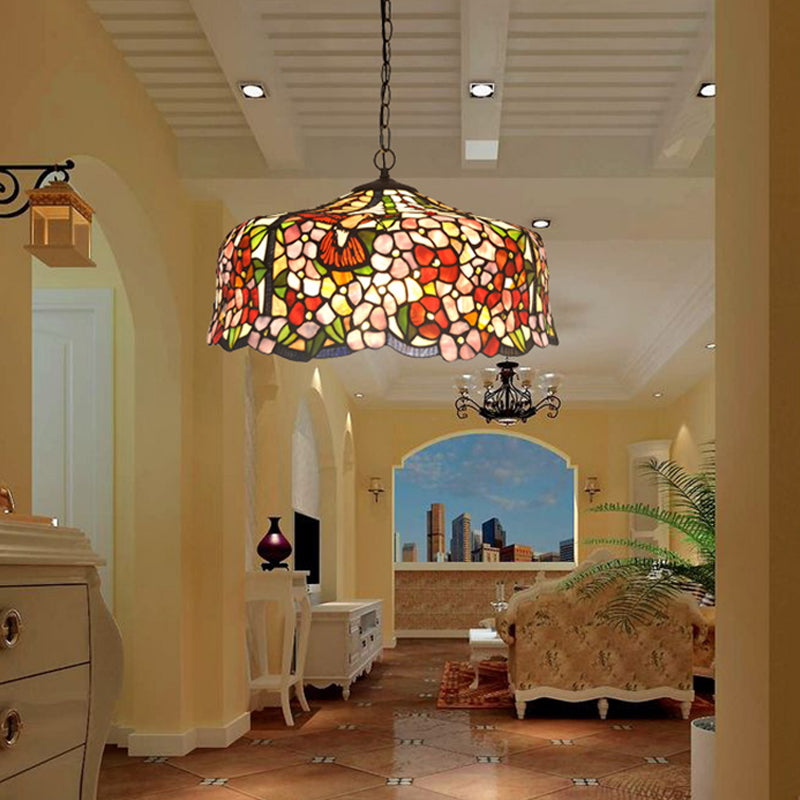2/3 Lights Floral Ceiling Chandelier Tiffany-Style Red Stained Glass Hanging Light Kit, 16“/19.5“ Wide Clearhalo 'Ceiling Lights' 'Chandeliers' 'Industrial' 'Middle Century Chandeliers' 'Tiffany Chandeliers' 'Tiffany close to ceiling' 'Tiffany' Lighting' 327460