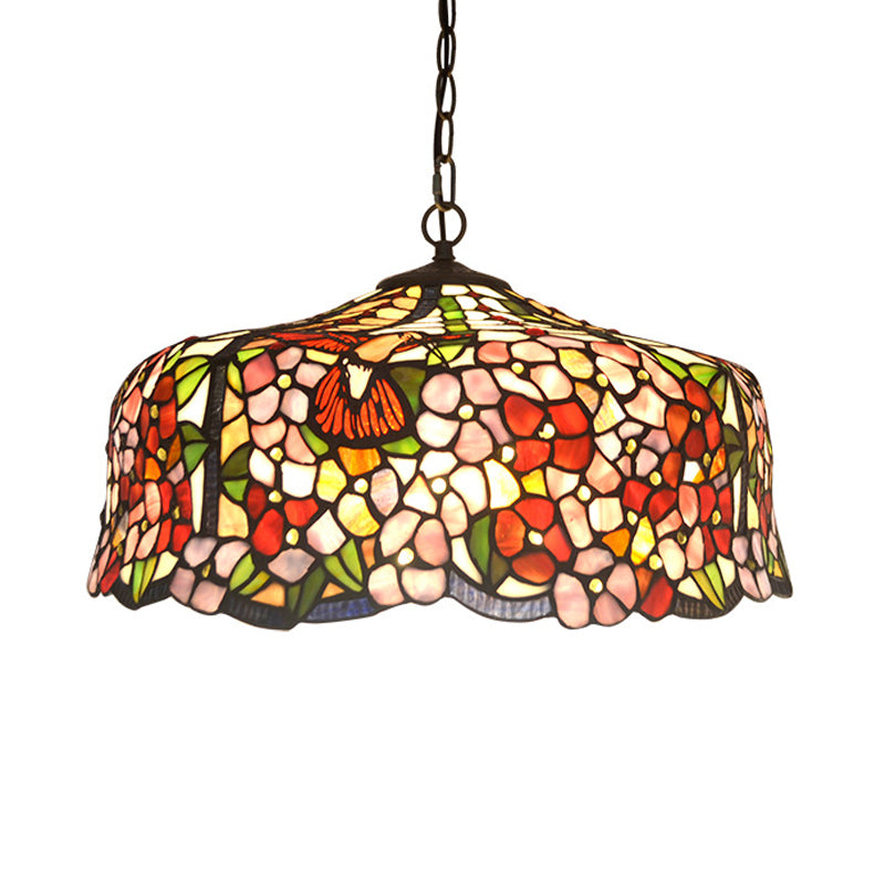 2/3 Lights Floral Ceiling Chandelier Tiffany-Style Red Stained Glass Hanging Light Kit, 16“/19.5“ Wide Clearhalo 'Ceiling Lights' 'Chandeliers' 'Industrial' 'Middle Century Chandeliers' 'Tiffany Chandeliers' 'Tiffany close to ceiling' 'Tiffany' Lighting' 327461