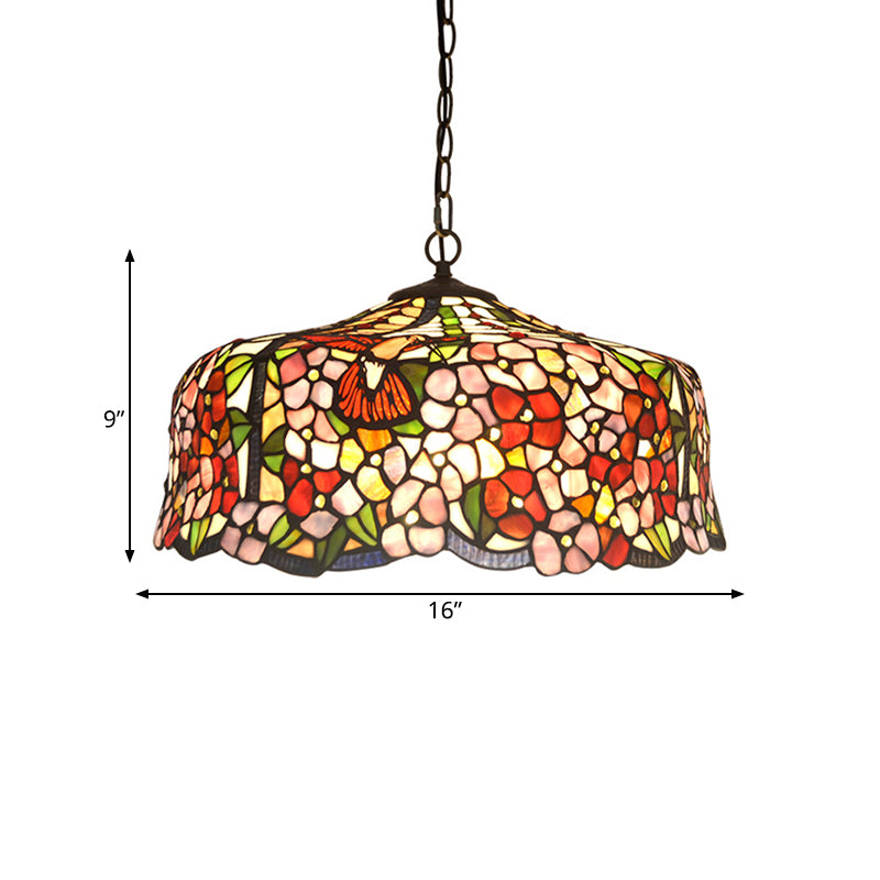 2/3 Lights Floral Ceiling Chandelier Tiffany-Style Red Stained Glass Hanging Light Kit, 16“/19.5“ Wide Clearhalo 'Ceiling Lights' 'Chandeliers' 'Industrial' 'Middle Century Chandeliers' 'Tiffany Chandeliers' 'Tiffany close to ceiling' 'Tiffany' Lighting' 327462