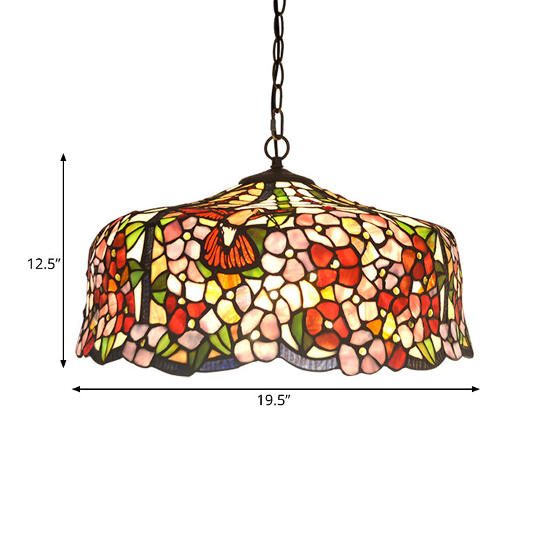 2/3 Lights Floral Ceiling Chandelier Tiffany-Style Red Stained Glass Hanging Light Kit, 16“/19.5“ Wide Clearhalo 'Ceiling Lights' 'Chandeliers' 'Industrial' 'Middle Century Chandeliers' 'Tiffany Chandeliers' 'Tiffany close to ceiling' 'Tiffany' Lighting' 327463