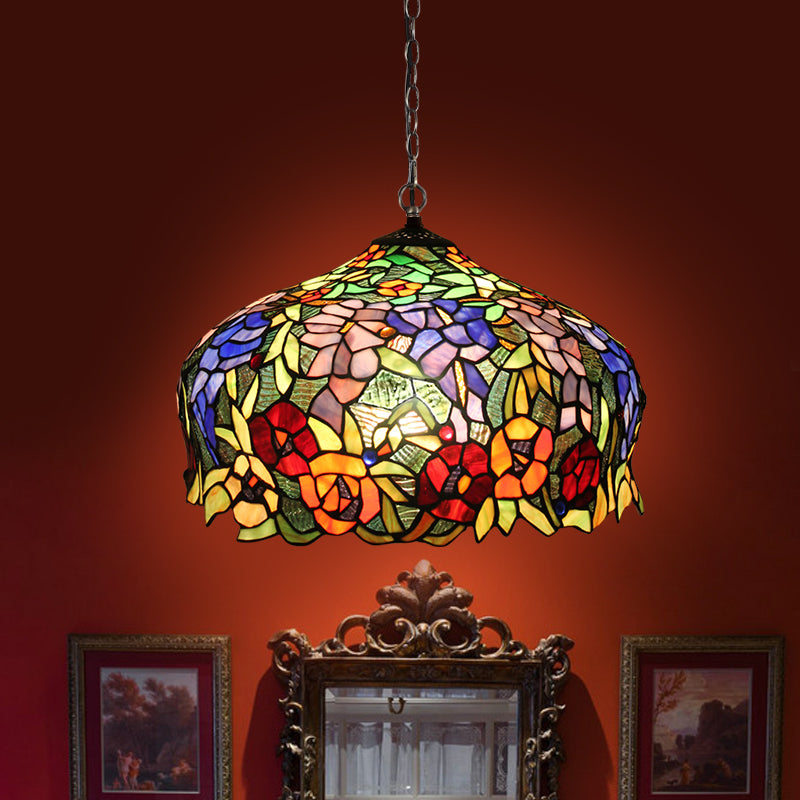 2 Lights Chandelier Mediterranean Blossom Orange Stained Glass Ceiling Lamp for Dining Room Clearhalo 'Ceiling Lights' 'Chandeliers' 'Industrial' 'Middle Century Chandeliers' 'Tiffany Chandeliers' 'Tiffany close to ceiling' 'Tiffany' Lighting' 327510