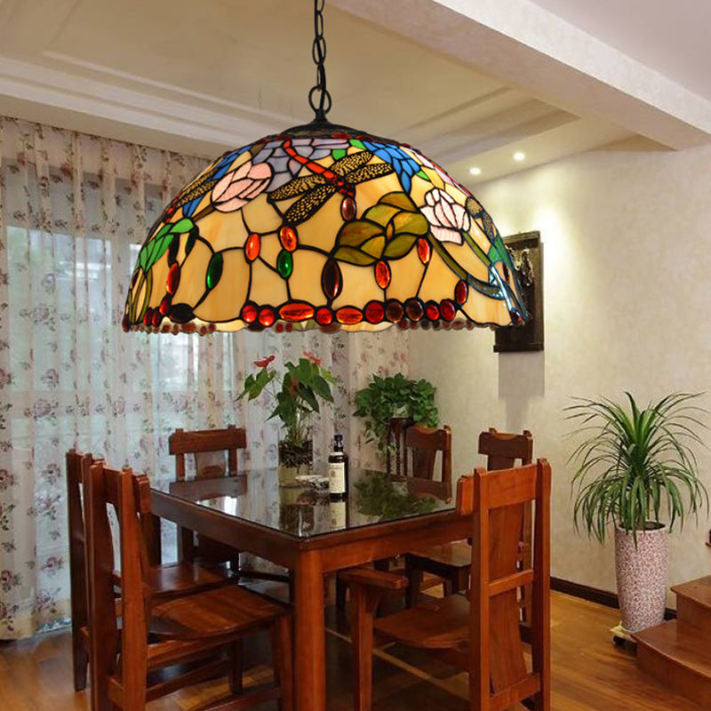 Bronze 3 Lights Chandelier Light Victorian Beige Stained Glass Dragonfly Pendant Lighting Fixture Beige Clearhalo 'Ceiling Lights' 'Chandeliers' 'Industrial' 'Middle Century Chandeliers' 'Tiffany Chandeliers' 'Tiffany close to ceiling' 'Tiffany' Lighting' 327528
