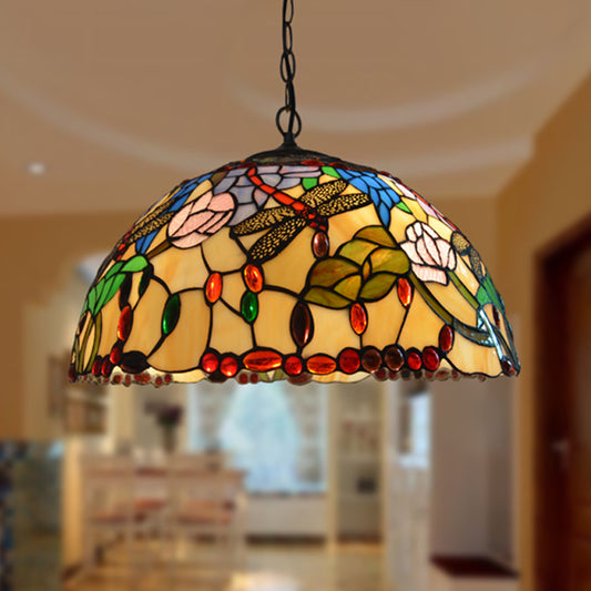 Bronze 3 Lights Chandelier Light Victorian Beige Stained Glass Dragonfly Pendant Lighting Fixture Clearhalo 'Ceiling Lights' 'Chandeliers' 'Industrial' 'Middle Century Chandeliers' 'Tiffany Chandeliers' 'Tiffany close to ceiling' 'Tiffany' Lighting' 327529
