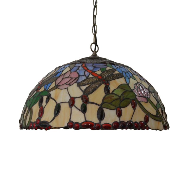 Bronze 3 Lights Chandelier Light Victorian Beige Stained Glass Dragonfly Pendant Lighting Fixture Clearhalo 'Ceiling Lights' 'Chandeliers' 'Industrial' 'Middle Century Chandeliers' 'Tiffany Chandeliers' 'Tiffany close to ceiling' 'Tiffany' Lighting' 327531