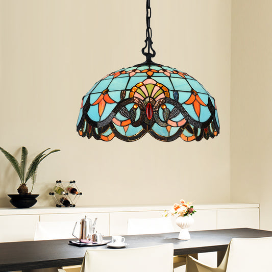 12"/16" W Blue Cut Glass Pendant Light Kit Domed 1 Light Mediterranean Suspension Lighting Fixture Blue Clearhalo 'Ceiling Lights' 'Industrial' 'Middle Century Pendants' 'Pendant Lights' 'Pendants' 'Tiffany close to ceiling' 'Tiffany Pendants' 'Tiffany' Lighting' 327533