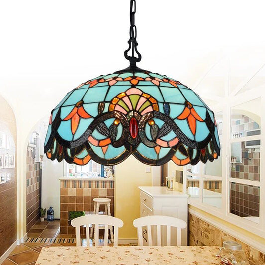12"/16" W Blue Cut Glass Pendant Light Kit Domed 1 Light Mediterranean Suspension Lighting Fixture Clearhalo 'Ceiling Lights' 'Industrial' 'Middle Century Pendants' 'Pendant Lights' 'Pendants' 'Tiffany close to ceiling' 'Tiffany Pendants' 'Tiffany' Lighting' 327534