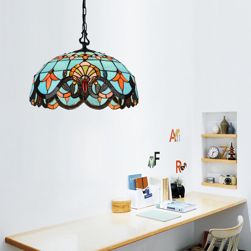 12"/16" W Blue Cut Glass Pendant Light Kit Domed 1 Light Mediterranean Suspension Lighting Fixture Clearhalo 'Ceiling Lights' 'Industrial' 'Middle Century Pendants' 'Pendant Lights' 'Pendants' 'Tiffany close to ceiling' 'Tiffany Pendants' 'Tiffany' Lighting' 327535