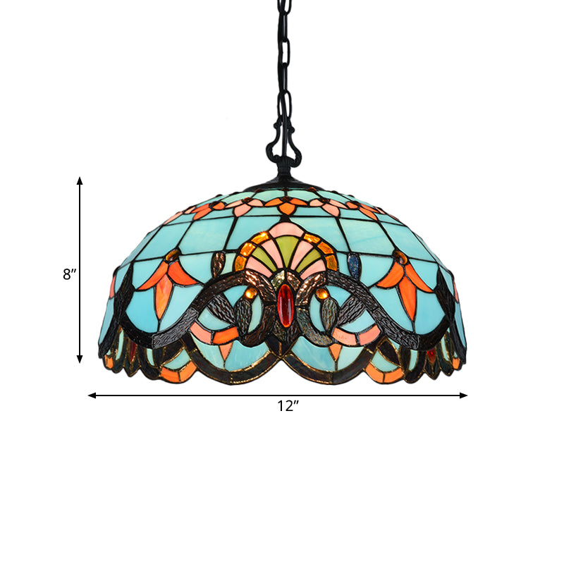 12"/16" W Blue Cut Glass Pendant Light Kit Domed 1 Light Mediterranean Suspension Lighting Fixture Clearhalo 'Ceiling Lights' 'Industrial' 'Middle Century Pendants' 'Pendant Lights' 'Pendants' 'Tiffany close to ceiling' 'Tiffany Pendants' 'Tiffany' Lighting' 327537