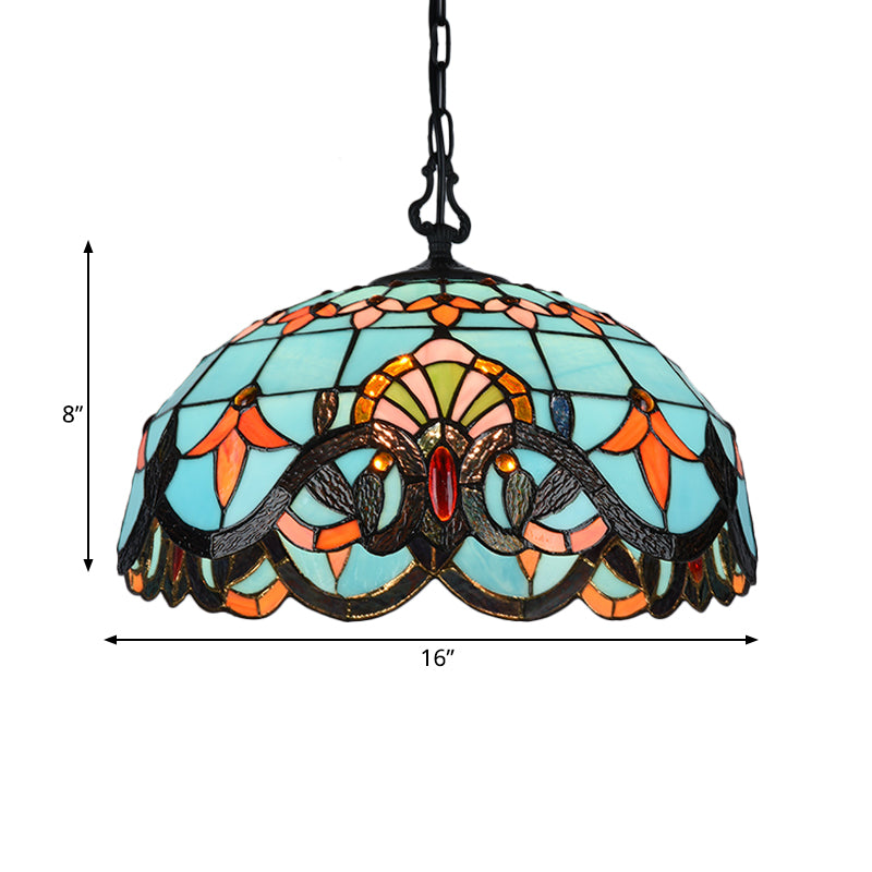12"/16" W Blue Cut Glass Pendant Light Kit Domed 1 Light Mediterranean Suspension Lighting Fixture Clearhalo 'Ceiling Lights' 'Industrial' 'Middle Century Pendants' 'Pendant Lights' 'Pendants' 'Tiffany close to ceiling' 'Tiffany Pendants' 'Tiffany' Lighting' 327538