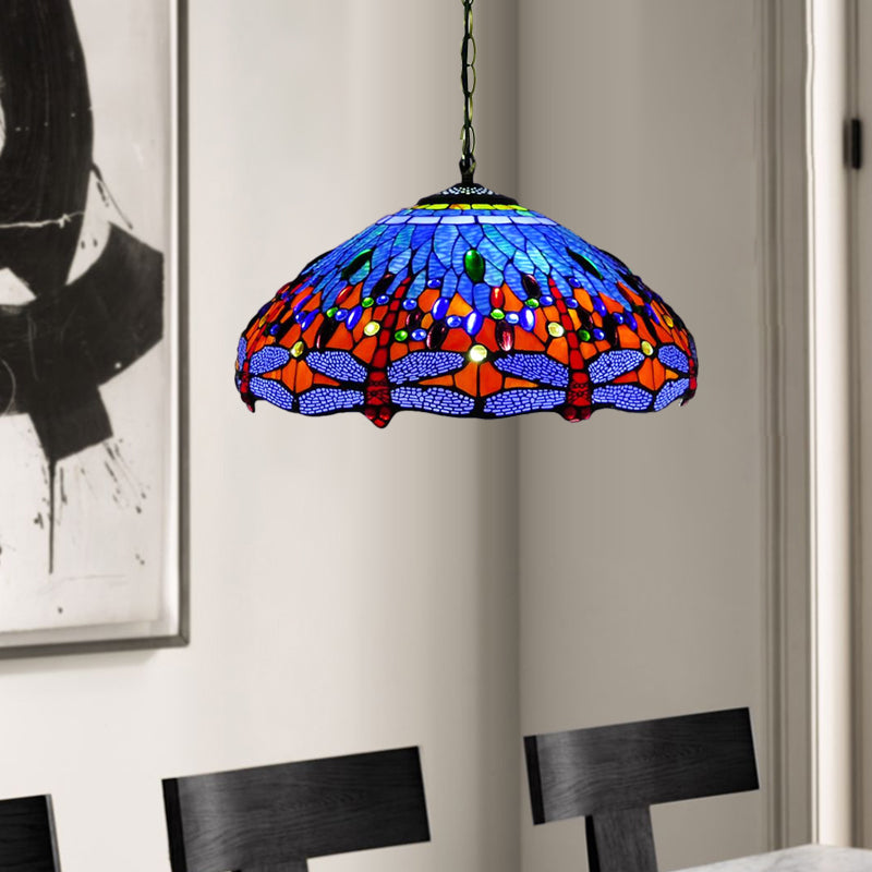 Tiffany Dragonfly Chandelier Light Fixture 3 Lights Orange/Blue/Green Cut Glass Hanging Lamp Kit for Kitchen Blue Clearhalo 'Ceiling Lights' 'Chandeliers' 'Industrial' 'Middle Century Chandeliers' 'Pendant Lights' 'Tiffany Chandeliers' 'Tiffany close to ceiling' 'Tiffany' Lighting' 327551