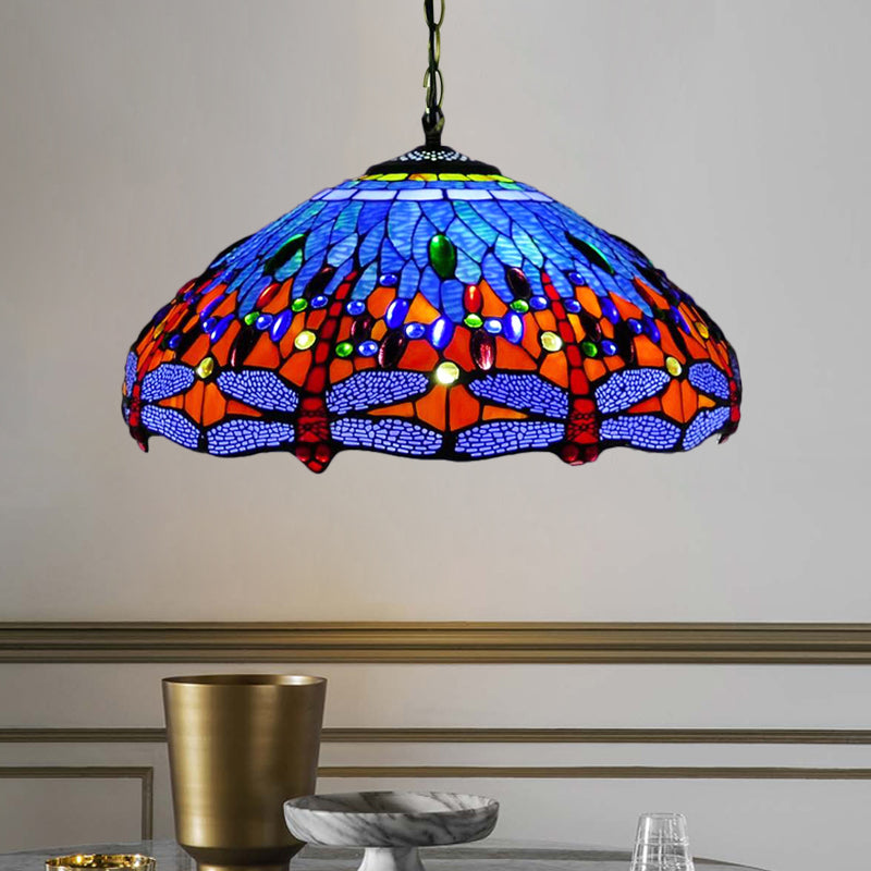 Tiffany Dragonfly Chandelier Light Fixture 3 Lights Orange/Blue/Green Cut Glass Hanging Lamp Kit for Kitchen Clearhalo 'Ceiling Lights' 'Chandeliers' 'Industrial' 'Middle Century Chandeliers' 'Pendant Lights' 'Tiffany Chandeliers' 'Tiffany close to ceiling' 'Tiffany' Lighting' 327552