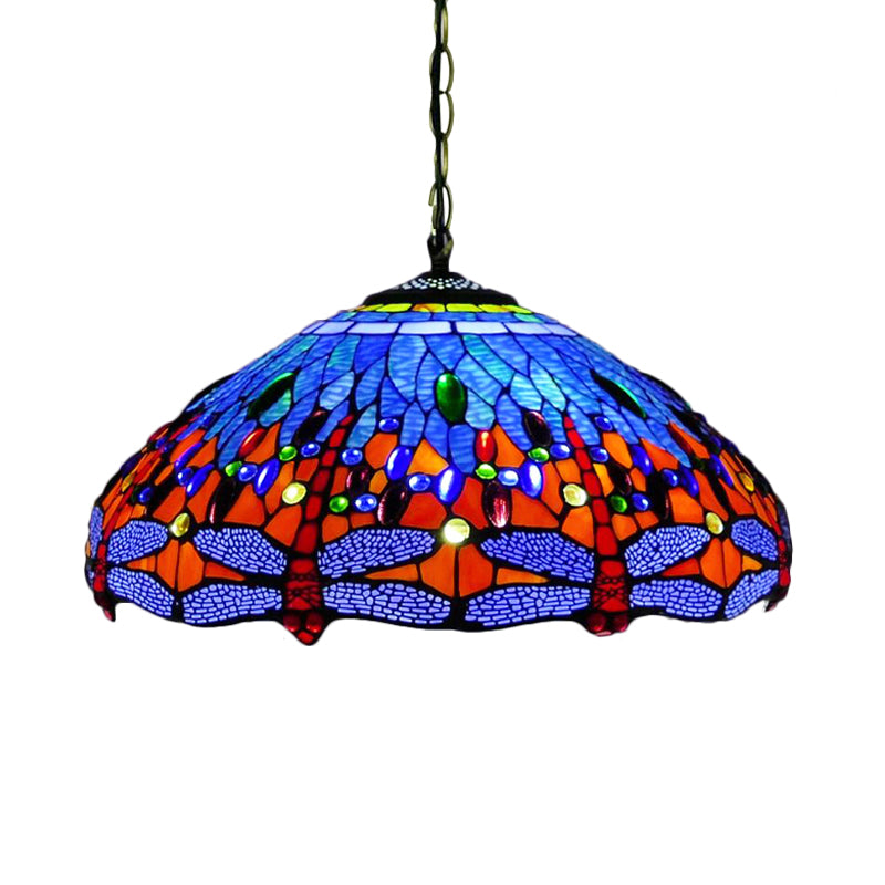 Tiffany Dragonfly Chandelier Light Fixture 3 Lights Orange/Blue/Green Cut Glass Hanging Lamp Kit for Kitchen Clearhalo 'Ceiling Lights' 'Chandeliers' 'Industrial' 'Middle Century Chandeliers' 'Pendant Lights' 'Tiffany Chandeliers' 'Tiffany close to ceiling' 'Tiffany' Lighting' 327553