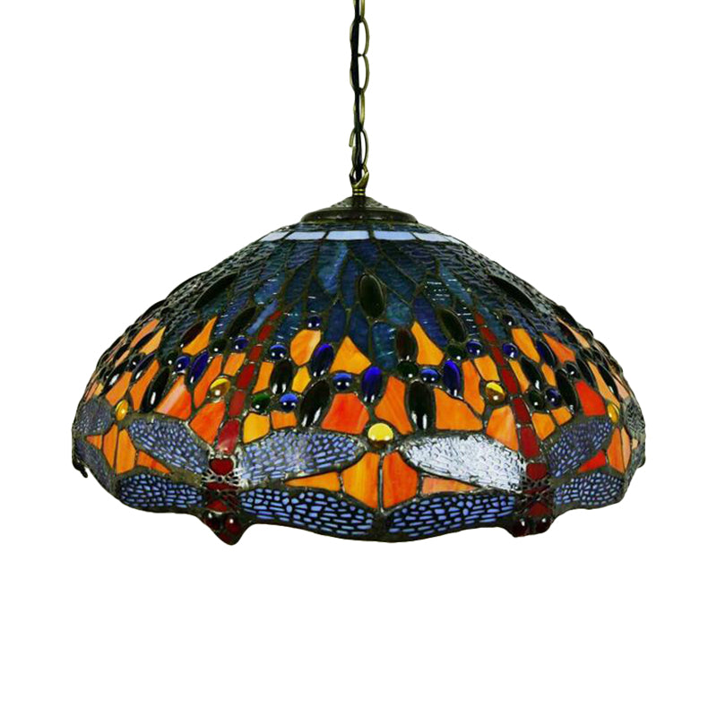 Tiffany Dragonfly Chandelier Light Fixture 3 Lights Orange/Blue/Green Cut Glass Hanging Lamp Kit for Kitchen Clearhalo 'Ceiling Lights' 'Chandeliers' 'Industrial' 'Middle Century Chandeliers' 'Pendant Lights' 'Tiffany Chandeliers' 'Tiffany close to ceiling' 'Tiffany' Lighting' 327554