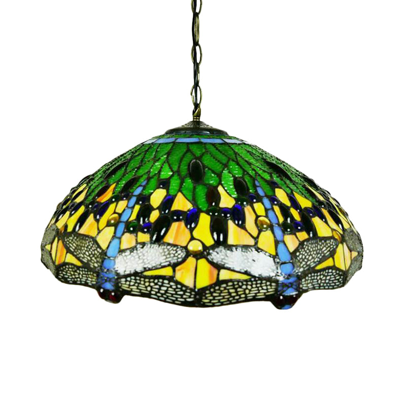 Tiffany Dragonfly Chandelier Light Fixture 3 Lights Orange/Blue/Green Cut Glass Hanging Lamp Kit for Kitchen Clearhalo 'Ceiling Lights' 'Chandeliers' 'Industrial' 'Middle Century Chandeliers' 'Pendant Lights' 'Tiffany Chandeliers' 'Tiffany close to ceiling' 'Tiffany' Lighting' 327557