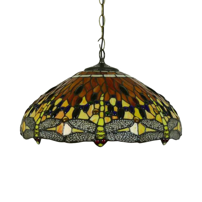 Tiffany Dragonfly Chandelier Light Fixture 3 Lights Orange/Blue/Green Cut Glass Hanging Lamp Kit for Kitchen Clearhalo 'Ceiling Lights' 'Chandeliers' 'Industrial' 'Middle Century Chandeliers' 'Pendant Lights' 'Tiffany Chandeliers' 'Tiffany close to ceiling' 'Tiffany' Lighting' 327559