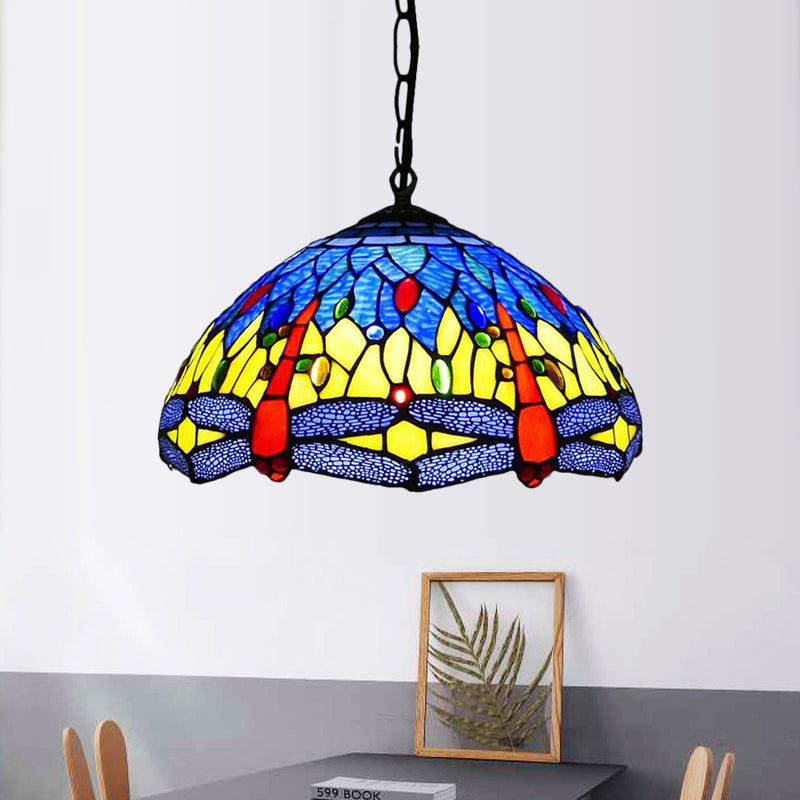 Dragonfly Chandelier Lighting Mediterranean Blue/Green Stained Glass 1/2 Lights Pendant for Kitchen Clearhalo 'Ceiling Lights' 'Chandeliers' 'Industrial' 'Middle Century Chandeliers' 'Pendant Lights' 'Tiffany Chandeliers' 'Tiffany close to ceiling' 'Tiffany' Lighting' 327657