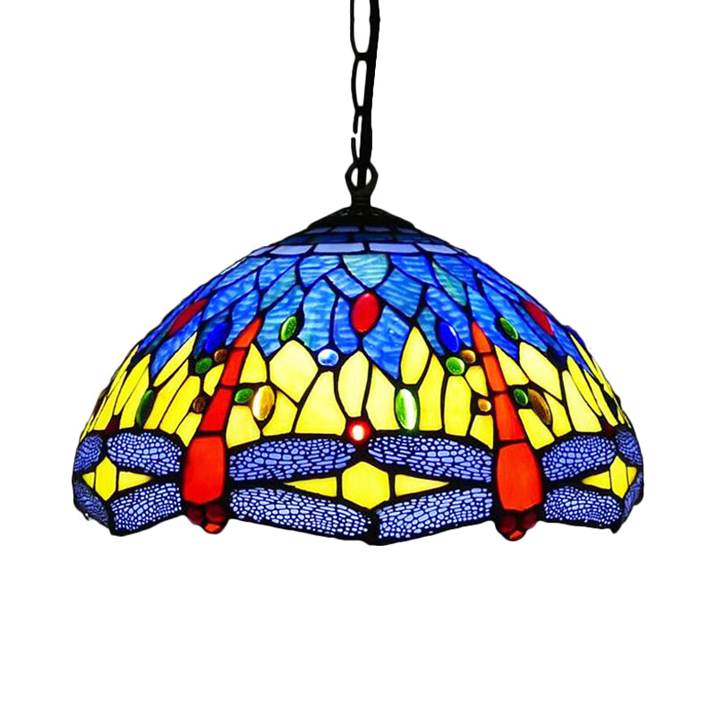 Dragonfly Chandelier Lighting Mediterranean Blue/Green Stained Glass 1/2 Lights Pendant for Kitchen Clearhalo 'Ceiling Lights' 'Chandeliers' 'Industrial' 'Middle Century Chandeliers' 'Pendant Lights' 'Tiffany Chandeliers' 'Tiffany close to ceiling' 'Tiffany' Lighting' 327658