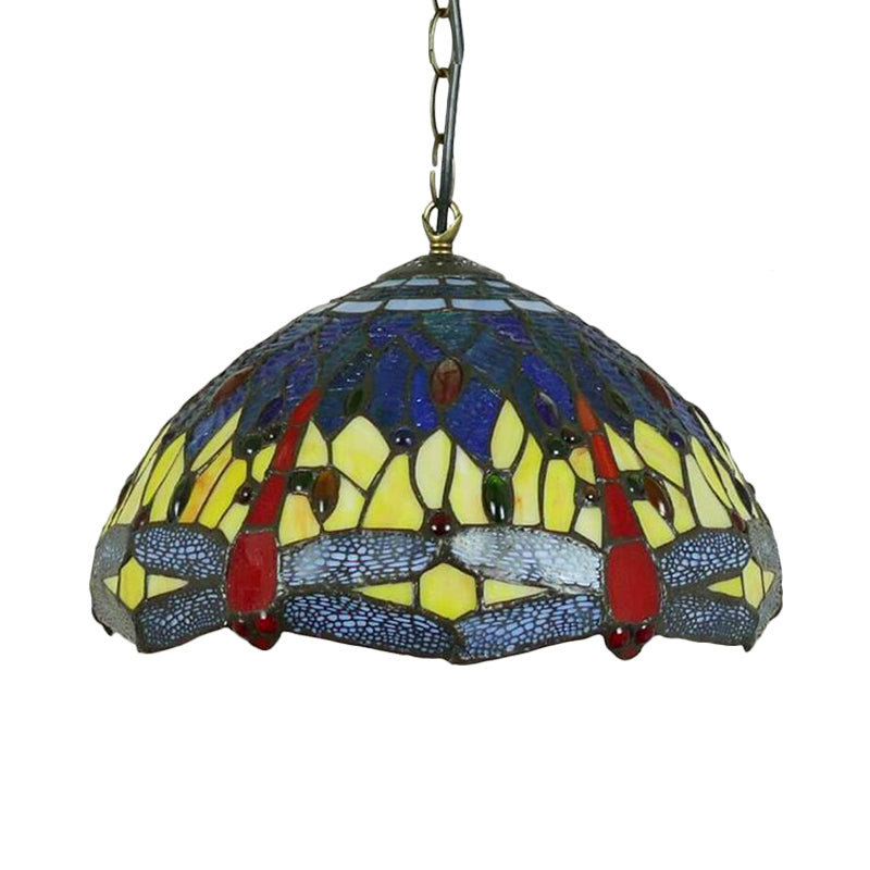 Dragonfly Chandelier Lighting Mediterranean Blue/Green Stained Glass 1/2 Lights Pendant for Kitchen Clearhalo 'Ceiling Lights' 'Chandeliers' 'Industrial' 'Middle Century Chandeliers' 'Pendant Lights' 'Tiffany Chandeliers' 'Tiffany close to ceiling' 'Tiffany' Lighting' 327659