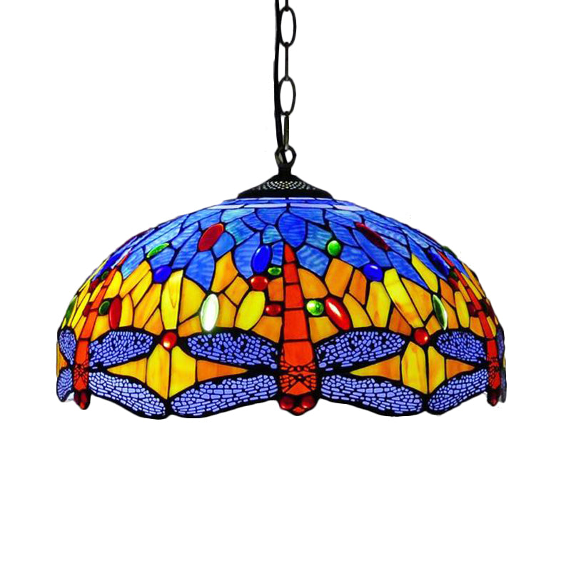 Dragonfly Chandelier Lighting Mediterranean Blue/Green Stained Glass 1/2 Lights Pendant for Kitchen 2 Blue Clearhalo 'Ceiling Lights' 'Chandeliers' 'Industrial' 'Middle Century Chandeliers' 'Pendant Lights' 'Tiffany Chandeliers' 'Tiffany close to ceiling' 'Tiffany' Lighting' 327661