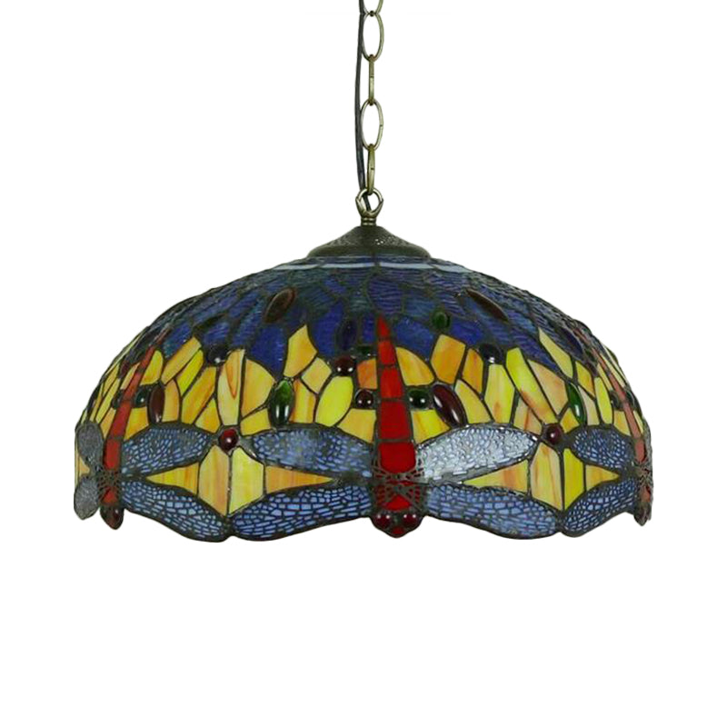 Dragonfly Chandelier Lighting Mediterranean Blue/Green Stained Glass 1/2 Lights Pendant for Kitchen Clearhalo 'Ceiling Lights' 'Chandeliers' 'Industrial' 'Middle Century Chandeliers' 'Pendant Lights' 'Tiffany Chandeliers' 'Tiffany close to ceiling' 'Tiffany' Lighting' 327662