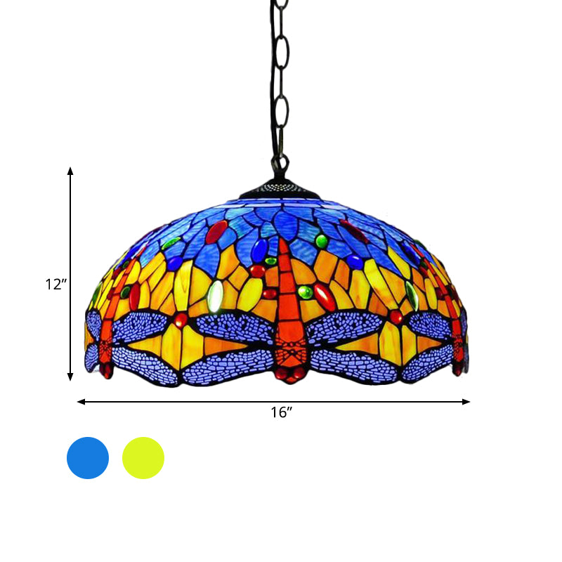 Dragonfly Chandelier Lighting Mediterranean Blue/Green Stained Glass 1/2 Lights Pendant for Kitchen Clearhalo 'Ceiling Lights' 'Chandeliers' 'Industrial' 'Middle Century Chandeliers' 'Pendant Lights' 'Tiffany Chandeliers' 'Tiffany close to ceiling' 'Tiffany' Lighting' 327663
