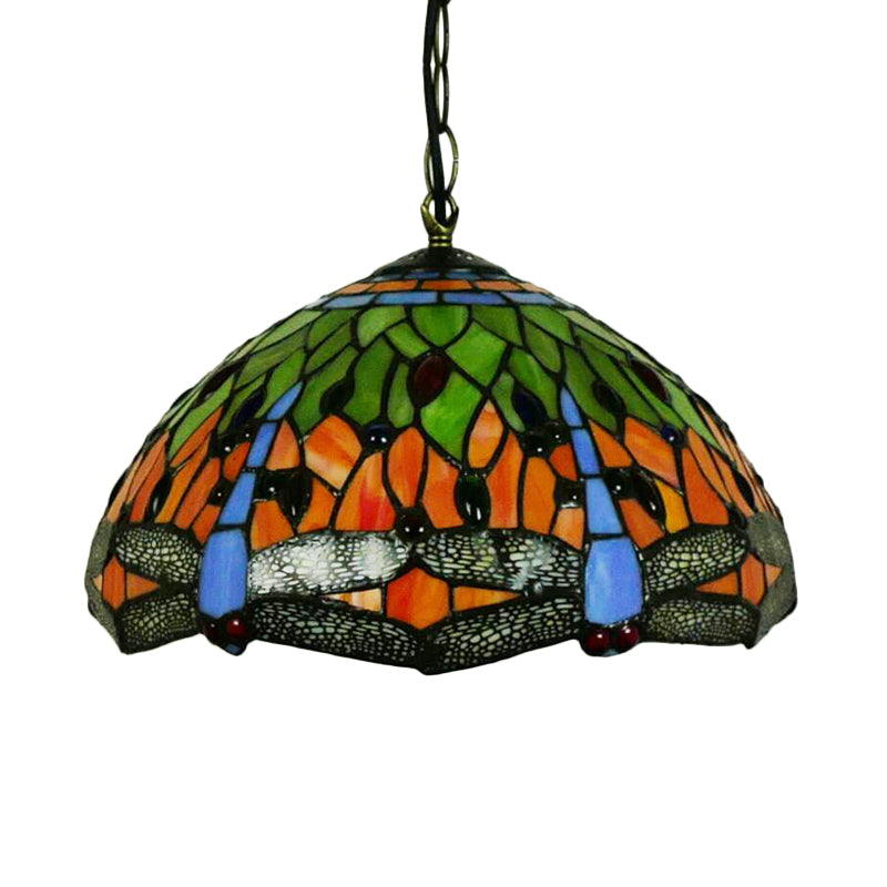 Dragonfly Chandelier Lighting Mediterranean Blue/Green Stained Glass 1/2 Lights Pendant for Kitchen Clearhalo 'Ceiling Lights' 'Chandeliers' 'Industrial' 'Middle Century Chandeliers' 'Pendant Lights' 'Tiffany Chandeliers' 'Tiffany close to ceiling' 'Tiffany' Lighting' 327665