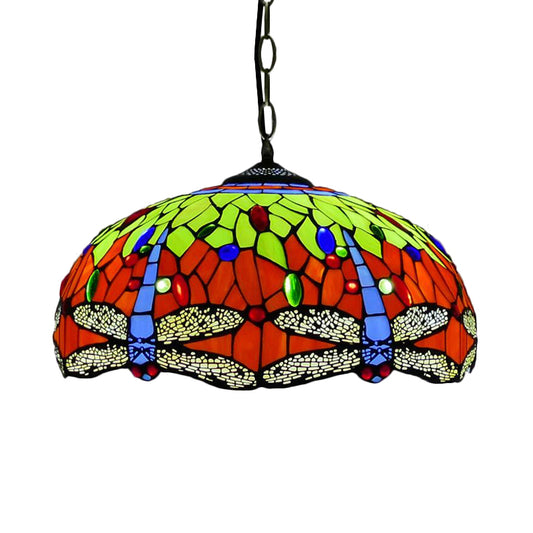 Dragonfly Chandelier Lighting Mediterranean Blue/Green Stained Glass 1/2 Lights Pendant for Kitchen 2 Green Clearhalo 'Ceiling Lights' 'Chandeliers' 'Industrial' 'Middle Century Chandeliers' 'Pendant Lights' 'Tiffany Chandeliers' 'Tiffany close to ceiling' 'Tiffany' Lighting' 327666