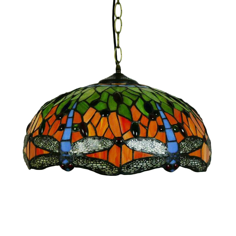 Dragonfly Chandelier Lighting Mediterranean Blue/Green Stained Glass 1/2 Lights Pendant for Kitchen Clearhalo 'Ceiling Lights' 'Chandeliers' 'Industrial' 'Middle Century Chandeliers' 'Pendant Lights' 'Tiffany Chandeliers' 'Tiffany close to ceiling' 'Tiffany' Lighting' 327667